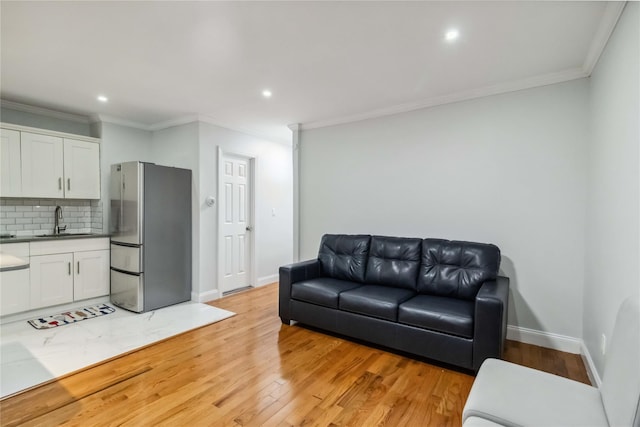 987 Pierce Ave, Bronx, NY 10462 - living area featuring ornamental molding, light wood-type flooring, baseboards, and recessed lighting