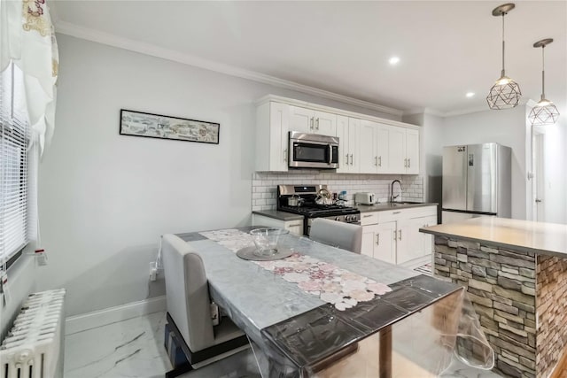 987 Pierce Ave, Bronx, NY 10462 - kitchen with appliances with stainless steel finishes, radiator heating unit, tasteful backsplash, ornamental molding, and marble look tiles