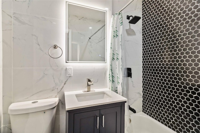 987 Pierce Ave, Bronx, NY 10462 - bathroom featuring toilet, vanity, tile walls, and shower / tub combo with curtain