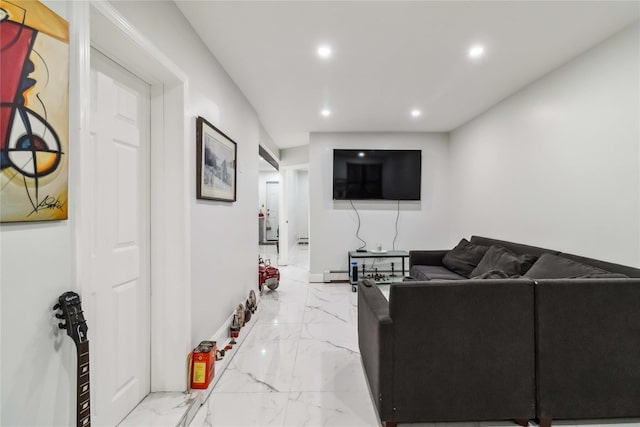987 Pierce Ave, Bronx, NY 10462 - living room featuring marble tiled flooring, recessed lighting, baseboards, and a baseboard heating unit