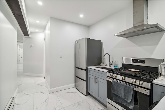 987 Pierce Ave, Bronx, NY 10462 - kitchen featuring appliances with stainless steel finishes, wall chimney exhaust hood, gray cabinets, a sink, and recessed lighting