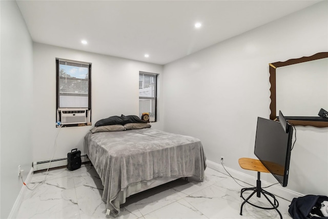 987 Pierce Ave, Bronx, NY 10462 - bedroom with light marble finish floors, recessed lighting, a baseboard radiator, baseboards, and cooling unit