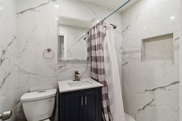 987 Pierce Ave, Bronx, NY 10462 - full bathroom with vanity, toilet, tile walls, and curtained shower