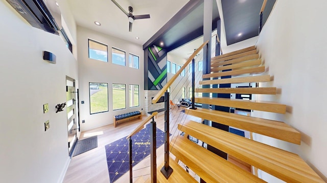 30 Coleman Dr, Campbell Hall, NY 10916 - stairs with a high ceiling, baseboards, wood finished floors, and recessed lighting