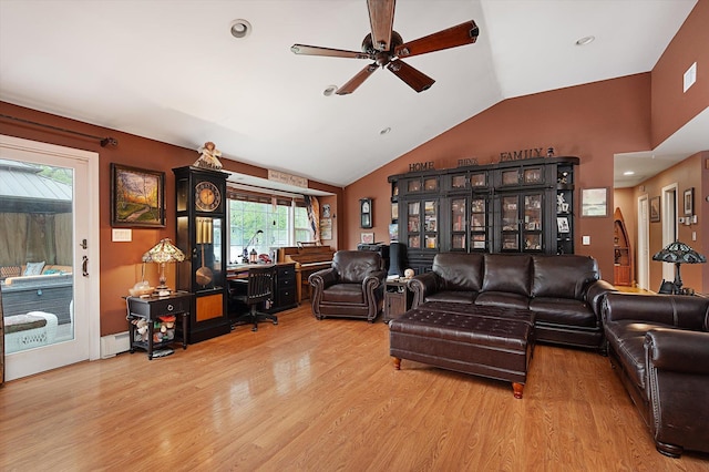 1 Angelica Ct, West Babylon, NY 11704 - living room featuring light wood-style floors, a ceiling fan, a baseboard radiator, lofted ceiling, and recessed lighting