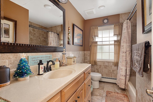 1 Angelica Ct, West Babylon, NY 11704 - full bath featuring tile walls, vanity, a baseboard radiator, toilet, and shower / bath combo
