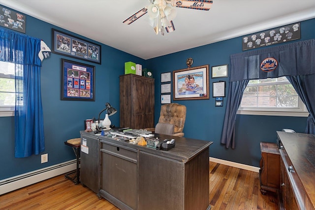 1 Angelica Ct, West Babylon, NY 11704 - home office featuring a baseboard radiator, a ceiling fan, plenty of natural light, and wood finished floors