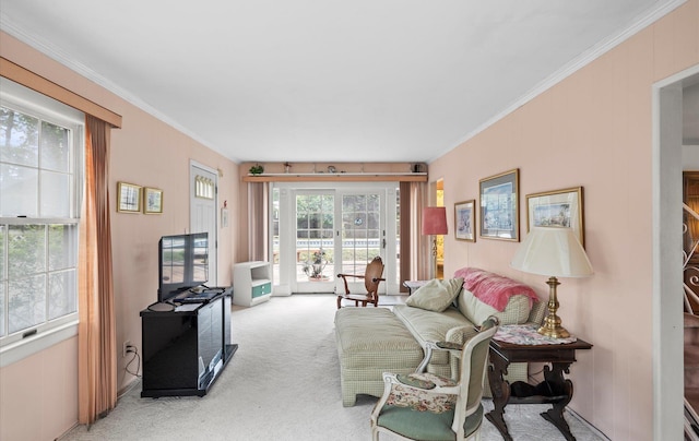 9 Gull Dr, Hauppauge, NY 11788 - living room featuring light colored carpet and crown molding