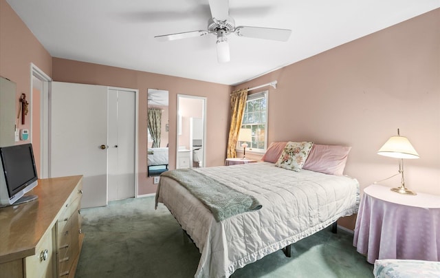 9 Gull Dr, Hauppauge, NY 11788 - bedroom featuring carpet flooring, ensuite bathroom, a ceiling fan, and a closet