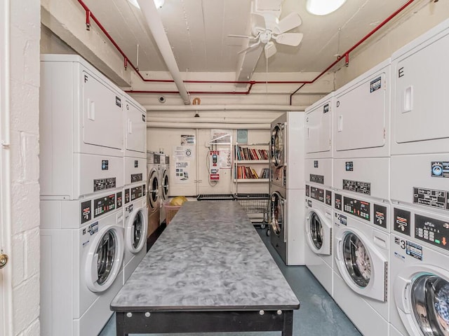 3311 Giles Pl Unit 5H, Bronx, NY 10463 - communal laundry room featuring stacked washing machine and dryer, washer and clothes dryer, and a ceiling fan