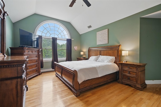 7 Gabriels Dr, Chester, NY 10918 - bedroom featuring light wood-style flooring, lofted ceiling, a baseboard radiator, and ceiling fan