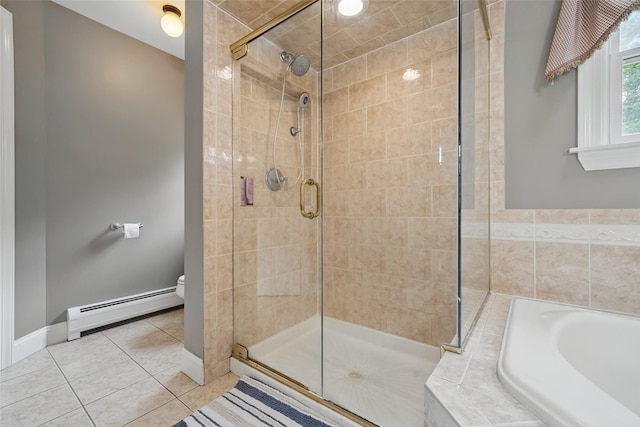 7 Gabriels Dr, Chester, NY 10918 - bathroom featuring a baseboard radiator, a stall shower, a garden tub, tile patterned floors, and toilet