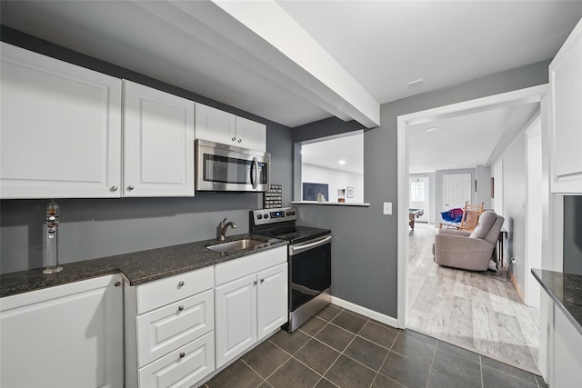 7 Gabriels Dr, Chester, NY 10918 - kitchen with stainless steel appliances, a sink, white cabinetry, dark tile patterned flooring, and dark stone countertops