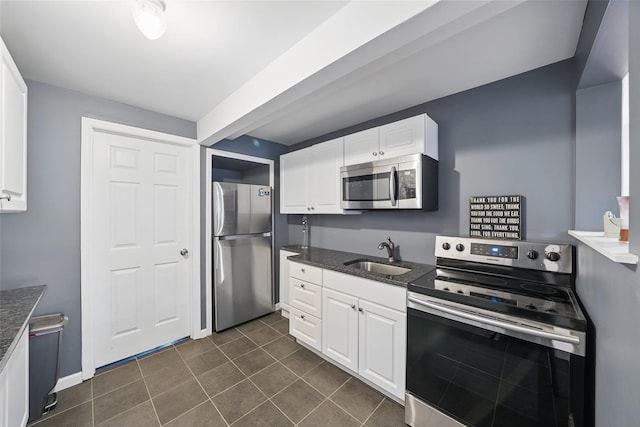 7 Gabriels Dr, Chester, NY 10918 - kitchen featuring appliances with stainless steel finishes, a sink, white cabinetry, and dark tile patterned flooring
