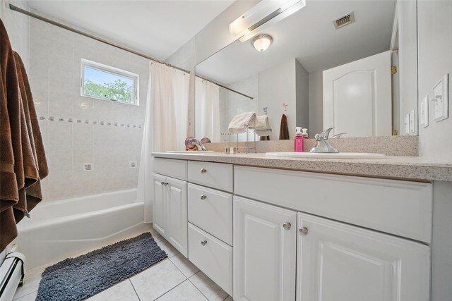 7 Gabriels Dr, Chester, NY 10918 - full bathroom featuring a baseboard radiator, double vanity, shower / bath combination with curtain, and tile patterned floors