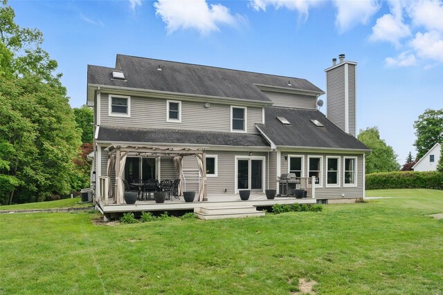 7 Gabriels Dr, Chester, NY 10918 - rear view of house with a pergola, a deck, a lawn, and a chimney