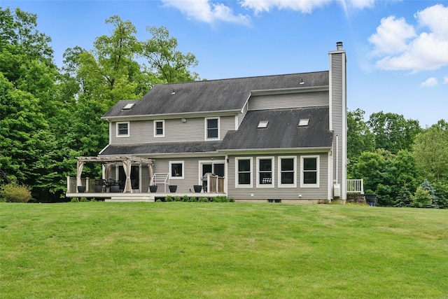 7 Gabriels Dr, Chester, NY 10918 - back of house with a wooden deck, a chimney, a pergola, and a yard