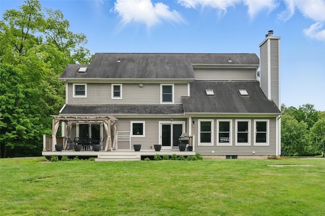 7 Gabriels Dr, Chester, NY 10918 - rear view of property featuring a pergola, a wooden deck, a chimney, and a lawn