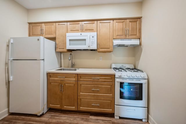 1149 E 219th St, Bronx, NY 10469 - kitchen featuring white appliances, under cabinet range hood, dark wood-type flooring, and light countertops