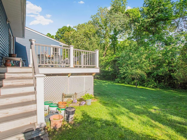 81 Winding Brook Rd, New Rochelle, NY 10804 - view of green lawn with stairway and a wooden deck