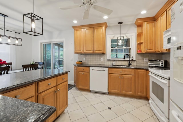 32 Meadow Rd, Montrose, NY 10567 - kitchen with white appliances, a sink, decorative backsplash, recessed lighting, and ceiling fan