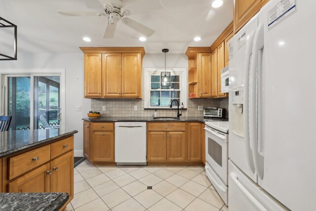 32 Meadow Rd, Montrose, NY 10567 - kitchen with white appliances, a sink, decorative backsplash, recessed lighting, and decorative light fixtures
