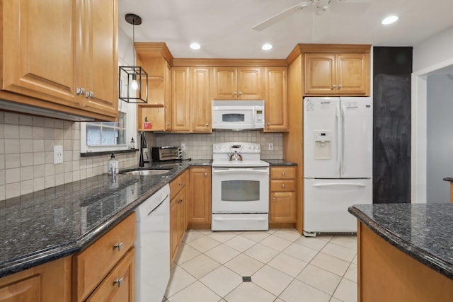32 Meadow Rd, Montrose, NY 10567 - kitchen featuring white appliances, a sink, tasteful backsplash, hanging light fixtures, and dark stone countertops