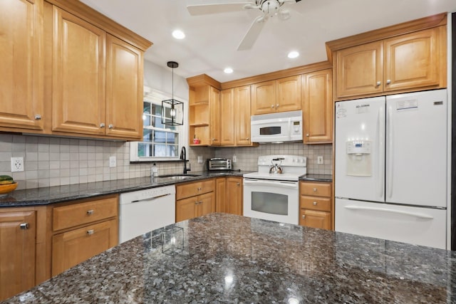 32 Meadow Rd, Montrose, NY 10567 - kitchen featuring white appliances, a sink, a ceiling fan, open shelves, and backsplash