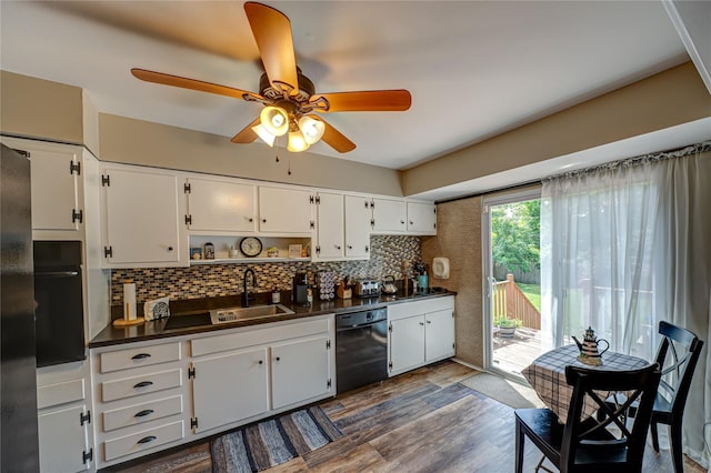 8 Baylor Dr, Smithtown, NY 11787 - kitchen with black appliances, a sink, dark countertops, a ceiling fan, and tasteful backsplash