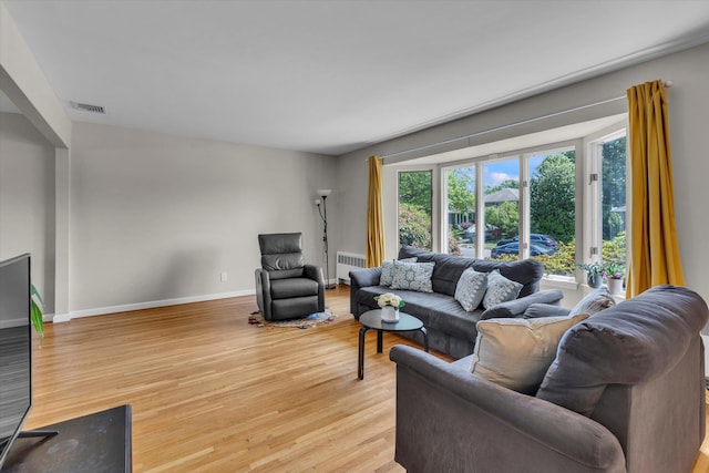 16 Clearland Rd, Syosset, NY 11791 - living room with radiator heating unit, light wood-type flooring, and baseboards