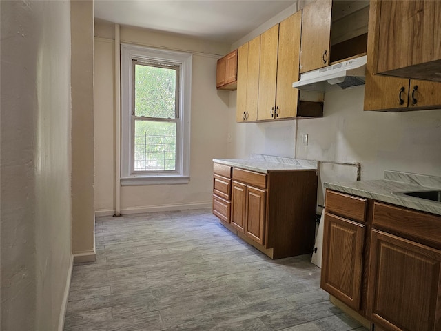 2675 Marion Ave, Bronx, NY 10458 - kitchen featuring under cabinet range hood, light countertops, light wood-type flooring, brown cabinets, and baseboards