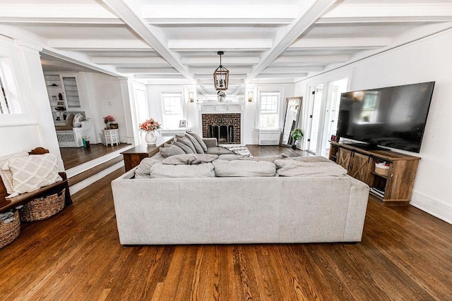 31 Heminway Ave, New Rochelle, NY 10801 - living area with coffered ceiling, dark wood-type flooring, a fireplace, beamed ceiling, and baseboards