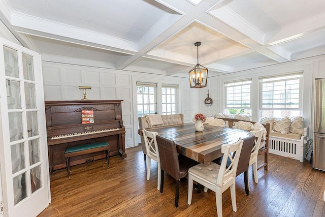 31 Heminway Ave, New Rochelle, NY 10801 - dining space with coffered ceiling, a chandelier, wood-type flooring, and beam ceiling