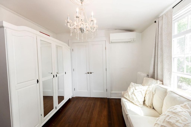 31 Heminway Ave, New Rochelle, NY 10801 - sitting room with a wall mounted AC, radiator, dark wood-style flooring, lofted ceiling, and a chandelier