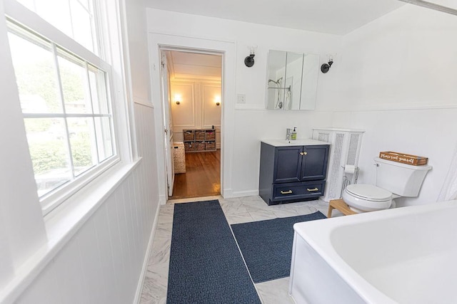 31 Heminway Ave, New Rochelle, NY 10801 - full bath with marble look tile flooring, vanity, toilet, and a tub