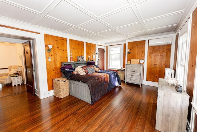 31 Heminway Ave, New Rochelle, NY 10801 - bedroom with dark wood finished floors, multiple windows, wood walls, coffered ceiling, and baseboards