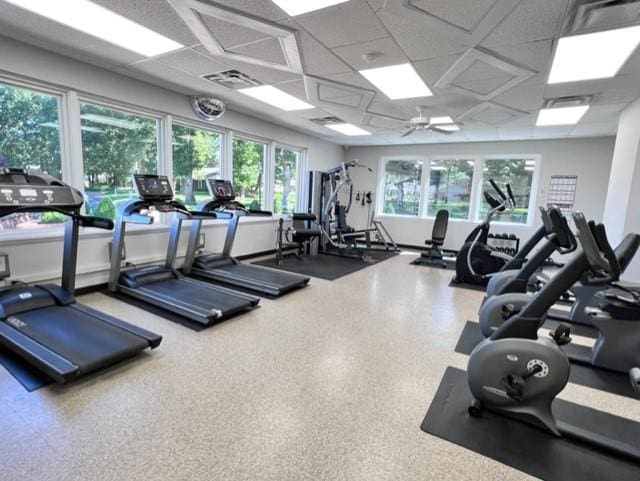 75A Enfield Ct Unit 75A, Ridge, NY 11961 - workout area featuring a drop ceiling and a ceiling fan