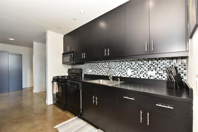 70 S Main St Unit 307-Ph, Freeport, NY 11520 - kitchen featuring black appliances, a sink, concrete floors, dark countertops, and backsplash