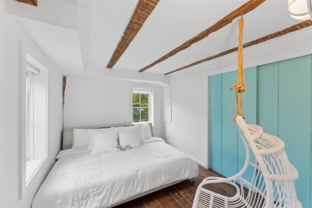 3 Pheasant Ln, Remsenburg, NY 11960 - bedroom with dark wood-style floors and beamed ceiling