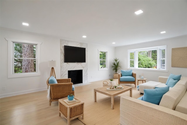 2 Crawford Rd, Harrison, NY 10528 - living room with light wood-style floors, baseboards, recessed lighting, and a premium fireplace