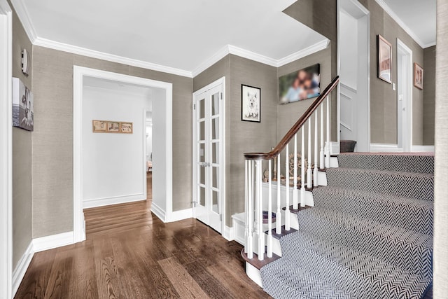 9 Springdale Rd, Scarsdale, NY 10583 - entryway with wood finished floors, stairway, french doors, crown molding, and baseboards