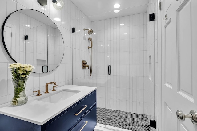 9 Springdale Rd, Scarsdale, NY 10583 - full bath with a stall shower, vanity, tile walls, and backsplash