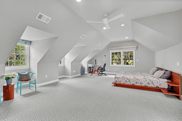 9 Springdale Rd, Scarsdale, NY 10583 - carpeted bedroom with vaulted ceiling, baseboards, recessed lighting, a desk, and ceiling fan