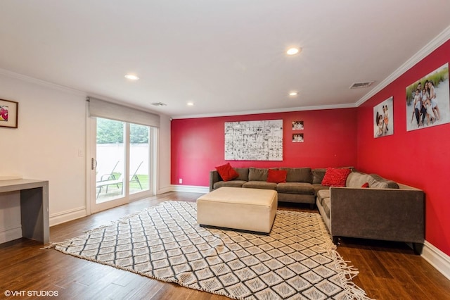 756 Dumont Pl, North Woodmere, NY 11581 - living area with wood finished floors, ornamental molding, baseboards, and recessed lighting