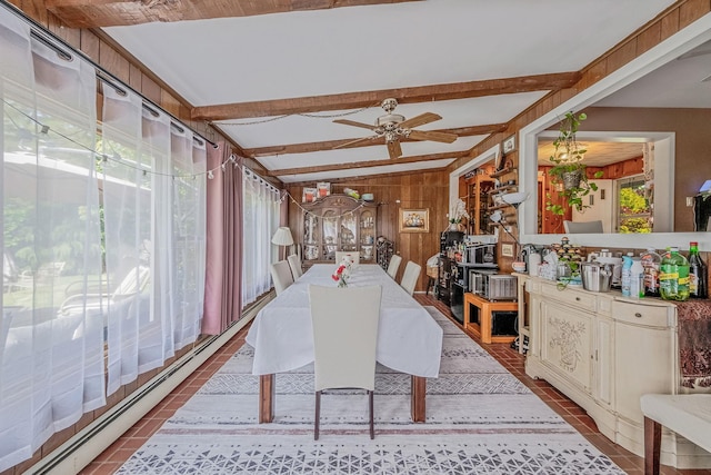 891 Pondview Rd, Riverhead, NY 11901 - dining room featuring ceiling fan, beamed ceiling, tile patterned floors, and a baseboard heating unit