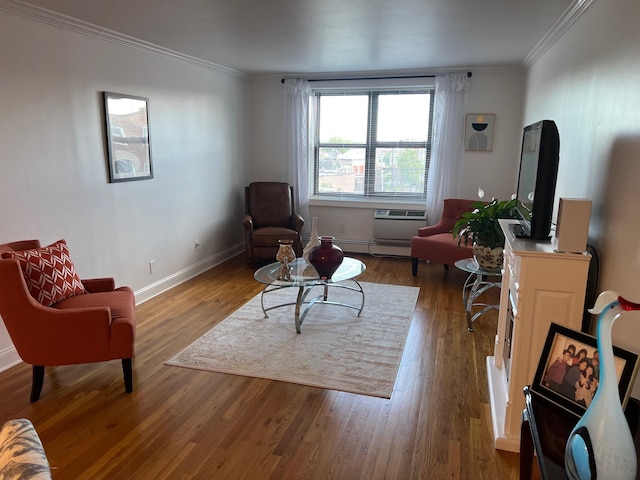 101 Jackson Ave Unit 4A, Mineola, NY 11501 - living room with ornamental molding, wood finished floors, baseboards, and baseboard heating