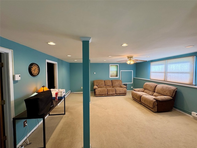 25 White Farm Rd, Wingdale, NY 12594 - living room featuring light carpet, recessed lighting, baseboards, and ceiling fan