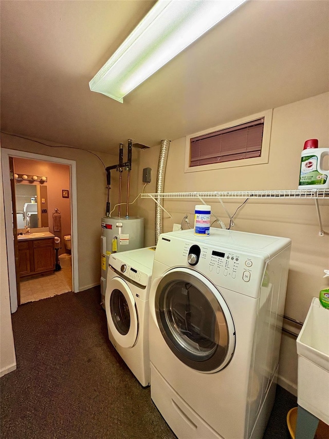 25 White Farm Rd, Wingdale, NY 12594 - washroom featuring washing machine and clothes dryer, carpet, and electric water heater