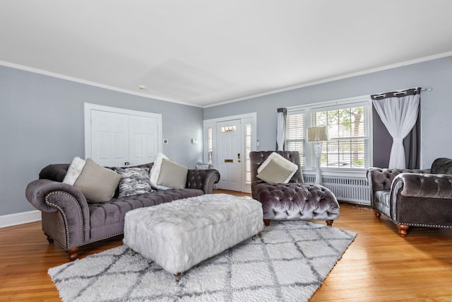 177 N Long Beach Ave, Freeport, NY 11520 - living room with radiator heating unit, light wood finished floors, ornamental molding, and baseboards