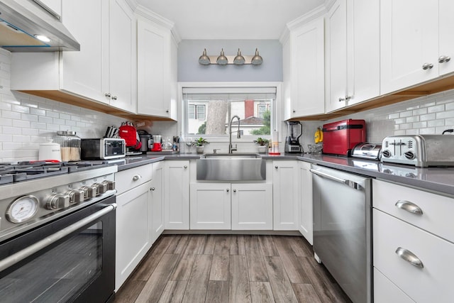 177 N Long Beach Ave, Freeport, NY 11520 - kitchen featuring appliances with stainless steel finishes, a sink, under cabinet range hood, wood finished floors, and tasteful backsplash